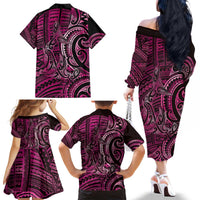 New Zealand Hammerhead Shark Family Matching Off The Shoulder Long Sleeve Dress and Hawaiian Shirt Maori Haehae Mangopare Pink - Polynesian Pride