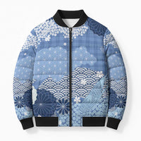 Blue Palaka Japanese Patterns Bomber Puffer Jacket Asanoha Seigaiha Sakura Motif - Polynesian Pride