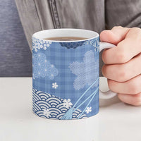 Blue Palaka Japanese Patterns Ceramic Mug Asanoha Seigaiha Sakura Motif - Polynesian Pride