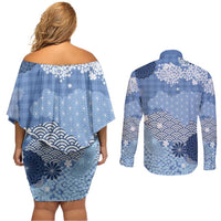 Blue Palaka Japanese Patterns Couples Matching Off Shoulder Short Dress and Long Sleeve Button Shirt Asanoha Seigaiha Sakura Motif - Polynesian Pride