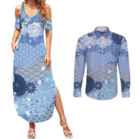 Blue Palaka Japanese Patterns Couples Matching Summer Maxi Dress and Long Sleeve Button Shirt Asanoha Seigaiha Sakura Motif - Polynesian Pride