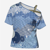 Blue Palaka Japanese Patterns Cross Shoulder Shirt Asanoha Seigaiha Sakura Motif - Polynesian Pride