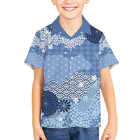 Blue Palaka Japanese Patterns Family Matching Off Shoulder Short Dress and Hawaiian Shirt Asanoha Seigaiha Sakura Motif - Polynesian Pride