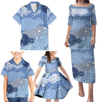 Blue Palaka Japanese Patterns Family Matching Puletasi and Hawaiian Shirt Asanoha Seigaiha Sakura Motif LT14 - Polynesian Pride