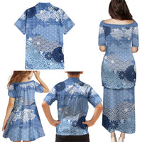 Blue Palaka Japanese Patterns Family Matching Puletasi and Hawaiian Shirt Asanoha Seigaiha Sakura Motif LT14 - Polynesian Pride