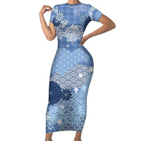 Blue Palaka Japanese Patterns Family Matching Short Sleeve Bodycon Dress and Hawaiian Shirt Asanoha Seigaiha Sakura Motif - Polynesian Pride