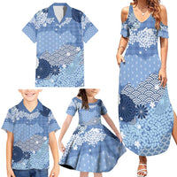 Blue Palaka Japanese Patterns Family Matching Summer Maxi Dress and Hawaiian Shirt Asanoha Seigaiha Sakura Motif - Polynesian Pride
