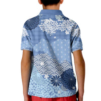 Blue Palaka Japanese Patterns Kid Polo Shirt Asanoha Seigaiha Sakura Motif - Polynesian Pride