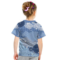 Blue Palaka Japanese Patterns Kid T Shirt Asanoha Seigaiha Sakura Motif - Polynesian Pride