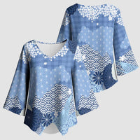 Blue Palaka Japanese Patterns Kimono Sleeve Blouse Asanoha Seigaiha Sakura Motif - Polynesian Pride