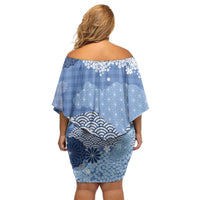 Blue Palaka Japanese Patterns Off Shoulder Short Dress Asanoha Seigaiha Sakura Motif - Polynesian Pride