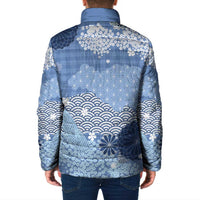 Blue Palaka Japanese Patterns Padded Jacket Asanoha Seigaiha Sakura Motif - Polynesian Pride