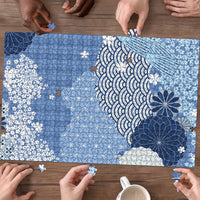 Blue Palaka Japanese Patterns Puzzle Asanoha Seigaiha Sakura Motif - Polynesian Pride