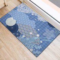 Blue Palaka Japanese Patterns Rubber Doormat Asanoha Seigaiha Sakura Motif - Polynesian Pride