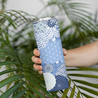 Blue Palaka Japanese Patterns Skinny Tumbler Asanoha Seigaiha Sakura Motif - Polynesian Pride