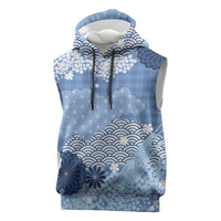 Blue Palaka Japanese Patterns Sleeveless Hoodie Asanoha Seigaiha Sakura Motif - Polynesian Pride