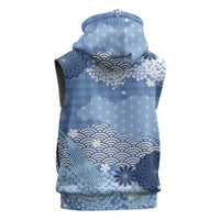 Blue Palaka Japanese Patterns Sleeveless Hoodie Asanoha Seigaiha Sakura Motif - Polynesian Pride