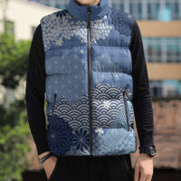 Blue Palaka Japanese Patterns Sleeveless Puffer Jacket Asanoha Seigaiha Sakura Motif - Polynesian Pride