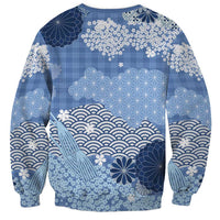 Blue Palaka Japanese Patterns Sweatshirt Asanoha Seigaiha Sakura Motif - Polynesian Pride