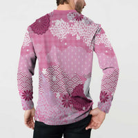 Pink Palaka Japanese Patterns Button Sweatshirt Asanoha Seigaiha Sakura Motif - Polynesian Pride