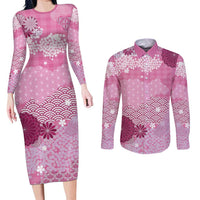 Pink Palaka Japanese Patterns Couples Matching Long Sleeve Bodycon Dress and Long Sleeve Button Shirt Asanoha Seigaiha Sakura Motif - Polynesian Pride