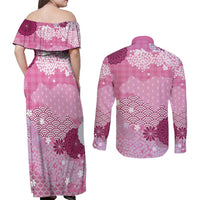 Pink Palaka Japanese Patterns Couples Matching Off Shoulder Maxi Dress and Long Sleeve Button Shirt Asanoha Seigaiha Sakura Motif - Polynesian Pride