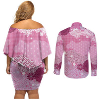Pink Palaka Japanese Patterns Couples Matching Off Shoulder Short Dress and Long Sleeve Button Shirt Asanoha Seigaiha Sakura Motif - Polynesian Pride