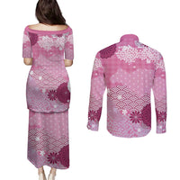 Pink Palaka Japanese Patterns Couples Matching Puletasi and Long Sleeve Button Shirt Asanoha Seigaiha Sakura Motif - Polynesian Pride