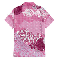 Pink Palaka Japanese Patterns Family Matching Off The Shoulder Long Sleeve Dress and Hawaiian Shirt Asanoha Seigaiha Sakura Motif - Polynesian Pride