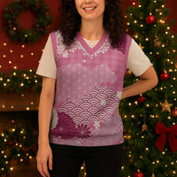 Pink Palaka Japanese Patterns Christmas Knitted V-Neck Vest Asanoha Seigaiha Sakura Motif - Polynesian Pride