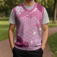 Pink Palaka Japanese Patterns Christmas Knitted V-Neck Vest Asanoha Seigaiha Sakura Motif - Polynesian Pride