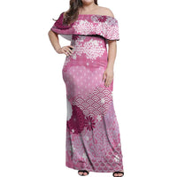 Pink Palaka Japanese Patterns Off Shoulder Maxi Dress Asanoha Seigaiha Sakura Motif - Polynesian Pride