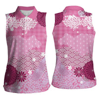 Pink Palaka Japanese Patterns Women Sleeveless Polo Shirt Asanoha Seigaiha Sakura Motif - Polynesian Pride