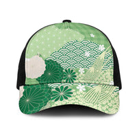 Green Japanese Traditional Motifs Baseball Net Cap Palaka With Asanoha Seigaiha Sakura - Polynesian Pride