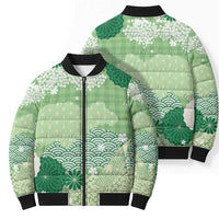 Green Palaka Japanese Patterns Bomber Puffer Jacket Asanoha Seigaiha Sakura Motif - Polynesian Pride