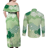 Green Palaka Japanese Patterns Couples Matching Off Shoulder Maxi Dress and Long Sleeve Button Shirt Asanoha Seigaiha Sakura Motif - Polynesian Pride