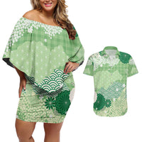 Green Palaka Japanese Patterns Couples Matching Off Shoulder Short Dress and Hawaiian Shirt Asanoha Seigaiha Sakura Motif - Polynesian Pride
