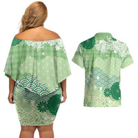 Green Palaka Japanese Patterns Couples Matching Off Shoulder Short Dress and Hawaiian Shirt Asanoha Seigaiha Sakura Motif - Polynesian Pride