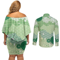 Green Palaka Japanese Patterns Couples Matching Off Shoulder Short Dress and Long Sleeve Button Shirt Asanoha Seigaiha Sakura Motif - Polynesian Pride
