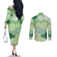 Green Palaka Japanese Patterns Couples Matching Off The Shoulder Long Sleeve Dress and Long Sleeve Button Shirt Asanoha Seigaiha Sakura Motif - Polynesian Pride