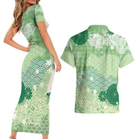 Green Palaka Japanese Patterns Couples Matching Short Sleeve Bodycon Dress and Hawaiian Shirt Asanoha Seigaiha Sakura Motif - Polynesian Pride