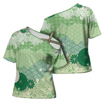 Green Palaka Japanese Patterns Cross Shoulder Shirt Asanoha Seigaiha Sakura Motif - Polynesian Pride