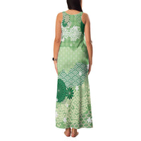 Green Palaka Japanese Patterns Family Matching Tank Maxi Dress and Hawaiian Shirt Asanoha Seigaiha Sakura Motif - Polynesian Pride