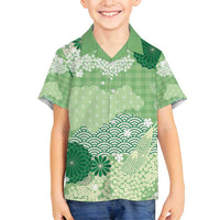 Green Palaka Japanese Patterns Family Matching Tank Maxi Dress and Hawaiian Shirt Asanoha Seigaiha Sakura Motif - Polynesian Pride