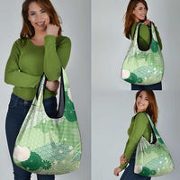 Green Palaka Japanese Patterns Grocery Bag Asanoha Seigaiha Sakura Motif - Polynesian Pride