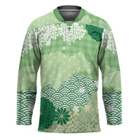 Green Palaka Japanese Patterns Hockey Jersey Asanoha Seigaiha Sakura Motif - Polynesian Pride