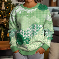 Green Palaka Japanese Patterns Kid Ugly Christmas Sweater Asanoha Seigaiha Sakura Motif - Polynesian Pride