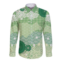 Green Palaka Japanese Patterns Long Sleeve Button Shirt Asanoha Seigaiha Sakura Motif - Polynesian Pride