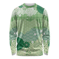 Green Palaka Japanese Patterns Long Sleeve Shirt Asanoha Seigaiha Sakura Motif - Polynesian Pride