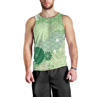 Green Palaka Japanese Patterns Men Tank Top Asanoha Seigaiha Sakura Motif - Polynesian Pride